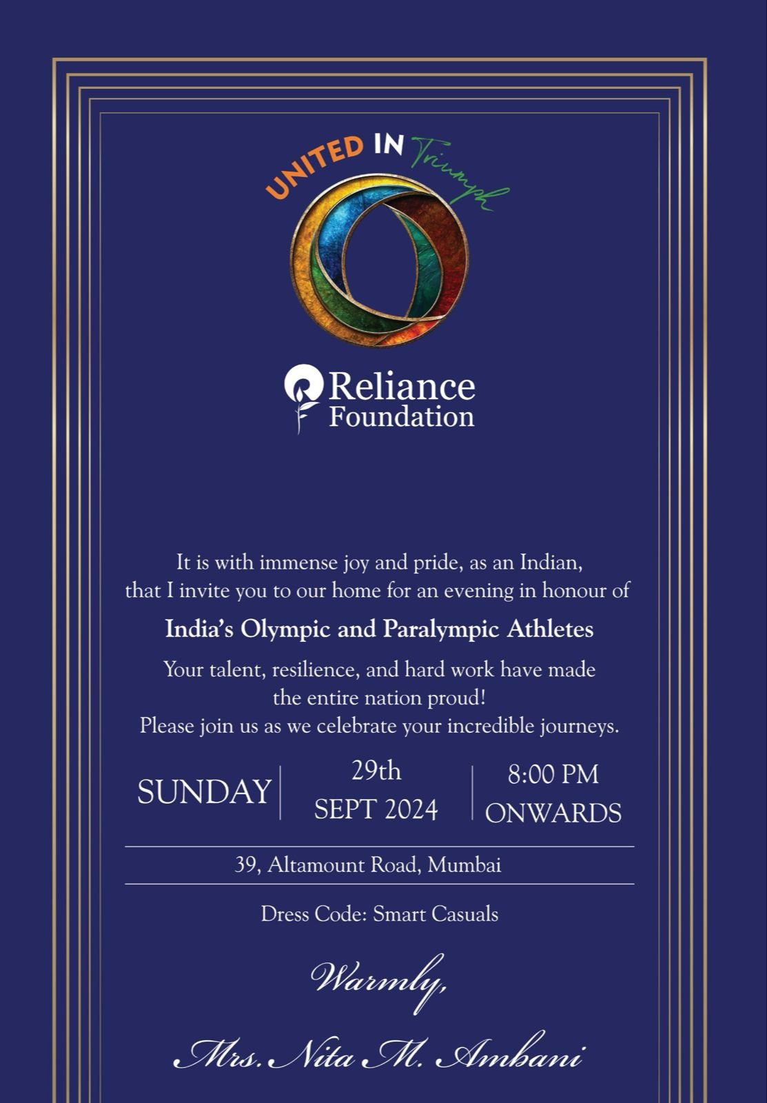 ओलंपिक और पैरालंपिक के खिलाड़ियों को सम्मानित करेंगी नीता अंबानी..