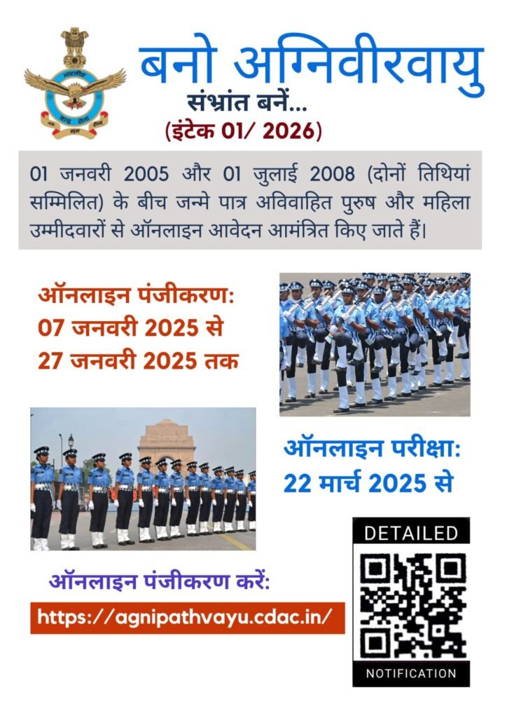 भारतीय वायु सेना (IAF) ने अग्निपथ योजना के तहत अग्निवीर वायु पदों के लिए उम्मीदवारों की भर्ती के लिए आधिकारिक अधिसूचना जारी…
