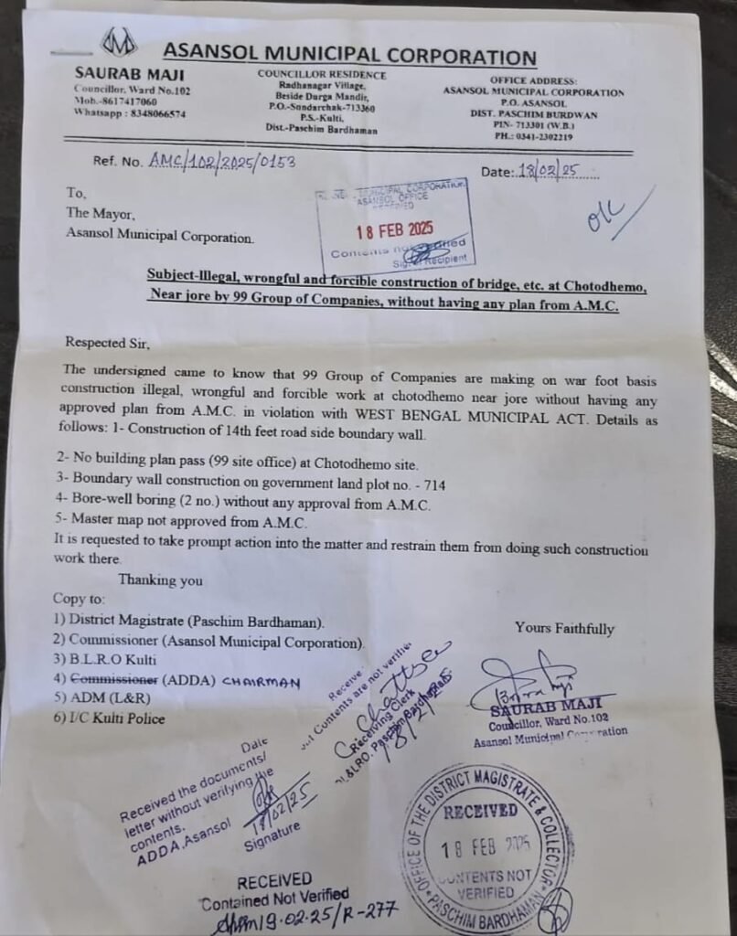 99 ग्रुप ऑफ कंपनी पर लगा सरकारी जमीन पर बॉउंड्री वाल व बिना प्लान के अवैध निर्माण और बोरवेल करने का आरोप…