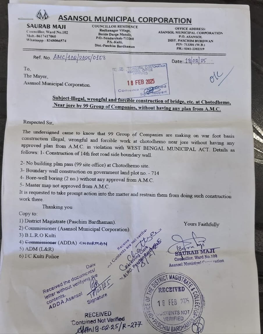 99 ग्रुप ऑफ कंपनी पर लगा सरकारी जमीन पर बॉउंड्री वाल व बिना प्लान के अवैध निर्माण और बोरवेल करने का आरोप…