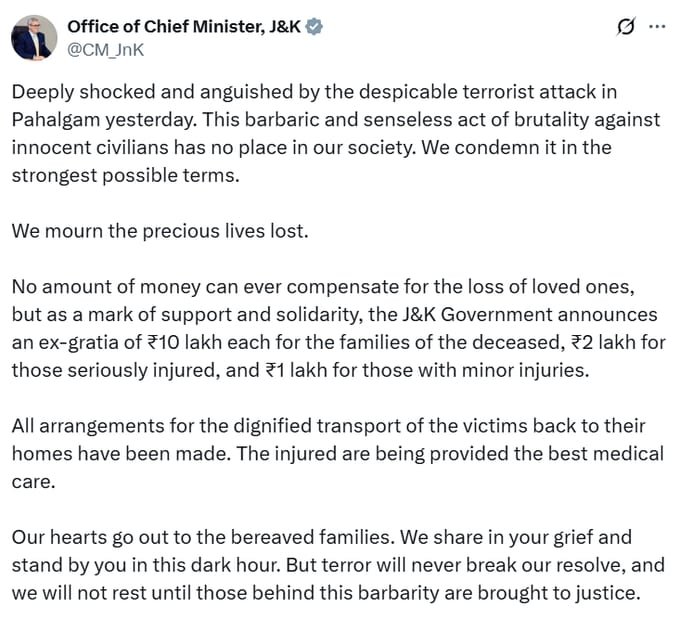 जम्मू-कश्मीर CMO ने मृतकों के परिवारों के लिए 10-10 लाख रुपये, गंभीर रूप से घायलों के लिए 2 लाख रुपये और मामूली रूप से घायलों के लिए 1 लाख रुपये की अनुग्रह राशि की घोषणा की है…