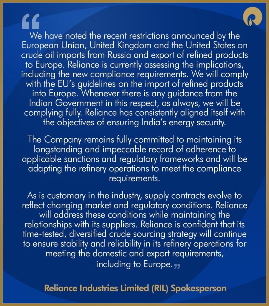 रिलायंस इंडस्ट्रीज़ लिमिटेड (RIL) के प्रवक्ता का बयान…