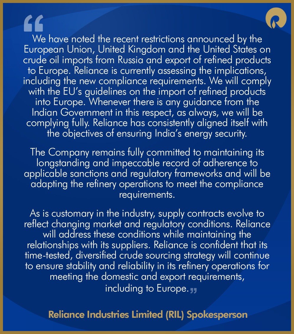 रिलायंस इंडस्ट्रीज़ लिमिटेड (RIL) के प्रवक्ता का बयान…