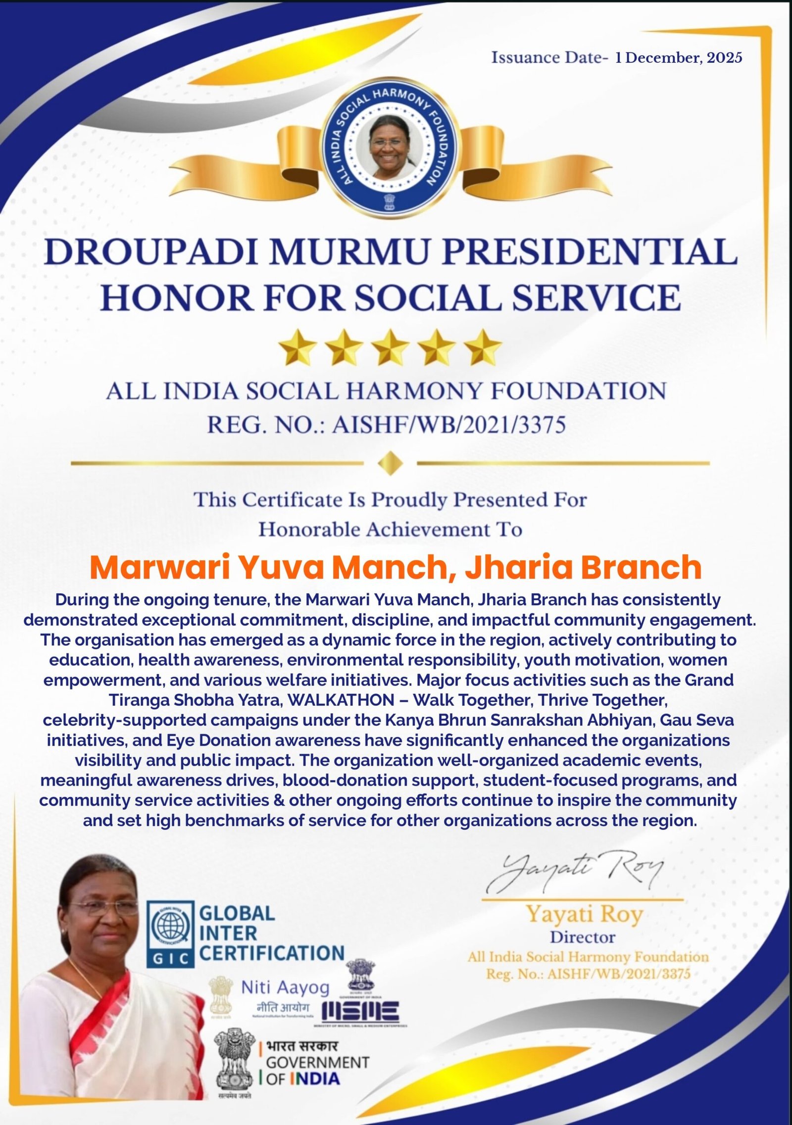 मारवाड़ी युवा मंच, झरिया शाखा को ‘द्रौपदी मुर्मू प्रेसिडेंशियल ऑनर फॉर सोशल सर्विस’ से सम्मानित…