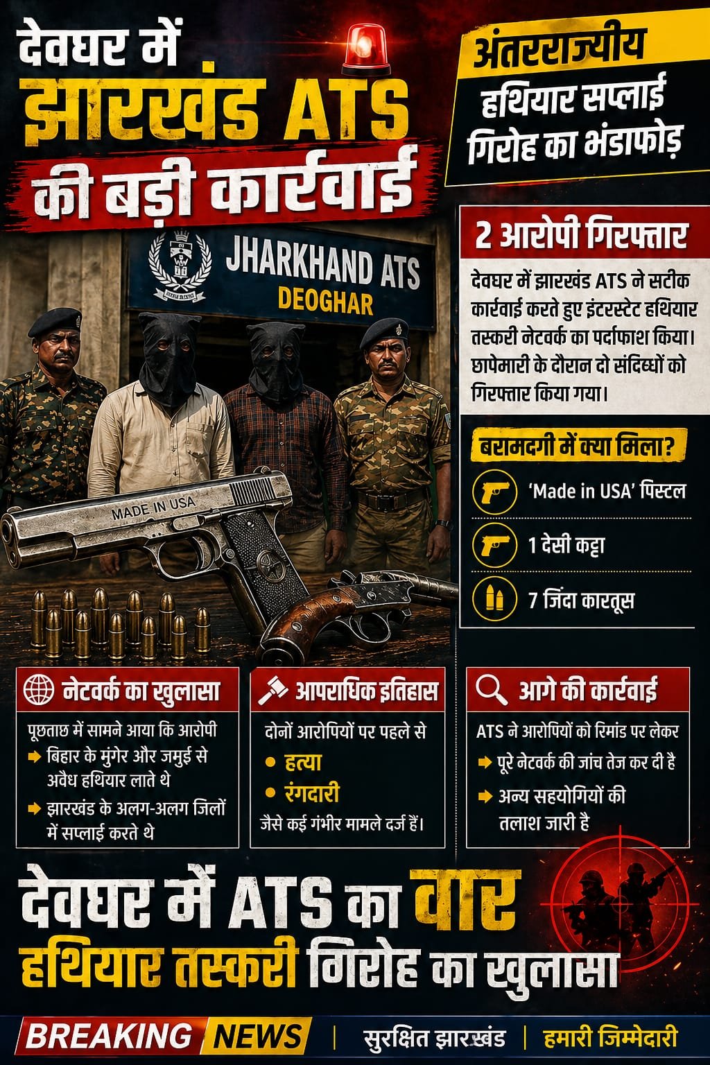 देवघर में झारखंड ATS की बड़ी कार्रवाई‘Made in USA’ पिस्टल के साथ अंतरराज्यीय हथियार गिरोह के 2 सदस्य गिरफ्तार…