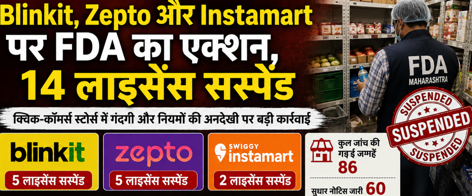 महाराष्ट्र में Blinkit, Zepto और Instamart पर FDA की कार्रवाई, 14 फूड लाइसेंस सस्पेंड
