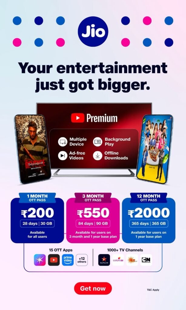 Jio OTT-Pass: ₹550 में 84 दिन और ₹2,000 में सालभर मनोरंजन, 15 OTT ऐप्स के साथ 1000+ लाइव TV चैनल