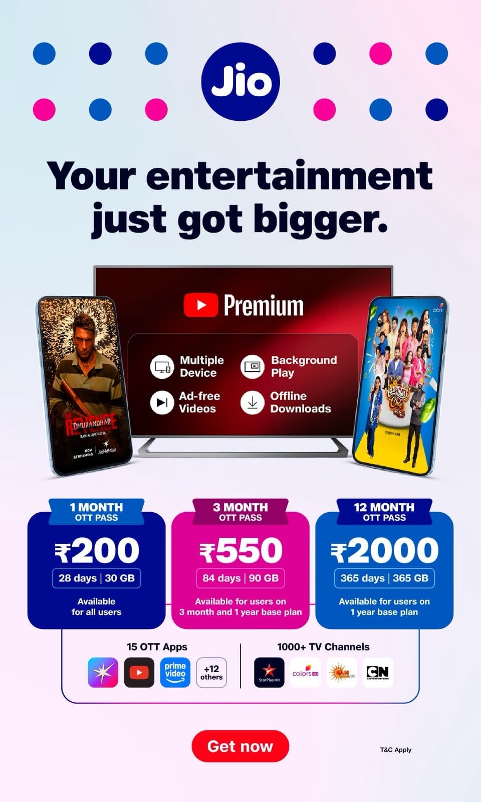 Jio OTT-Pass: ₹550 में 84 दिन और ₹2,000 में सालभर मनोरंजन, 15 OTT ऐप्स के साथ 1000+ लाइव TV चैनल